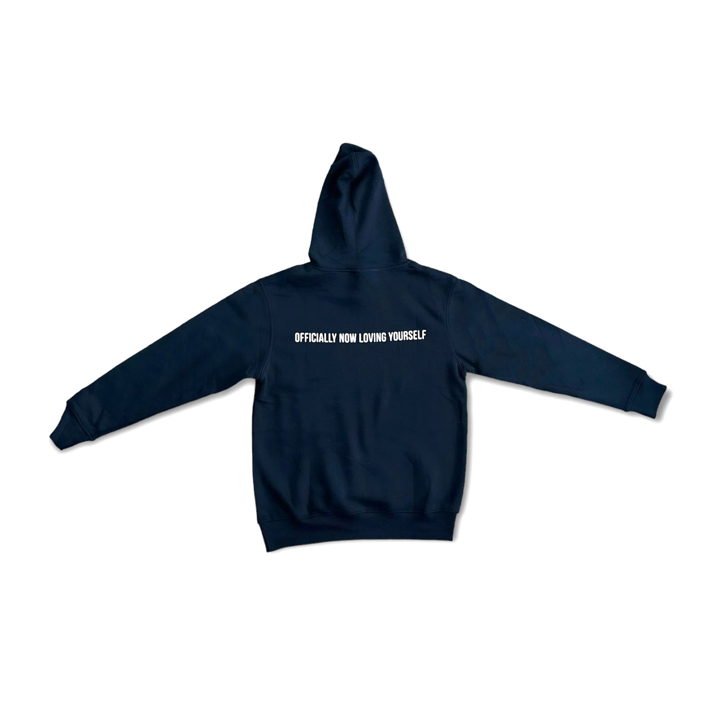 Navy Front Logo Slogan Back Hoodie